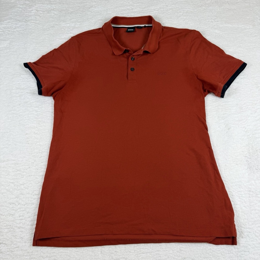 BOSS Hugo Boss Polo Shirt Mens XXL Rust Orange Black Trim Embroidered Logo Peru